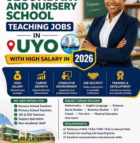 Private Secondary and Nursery School Teaching Jobs in Uyo with High Salary in 2026